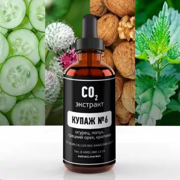 Смесь СО2 экстрактов №6 (огурец, лопух, грецкий орех, крапива) (лат. Cucumis sativus, Arctium, Juglans regia, Urtica)